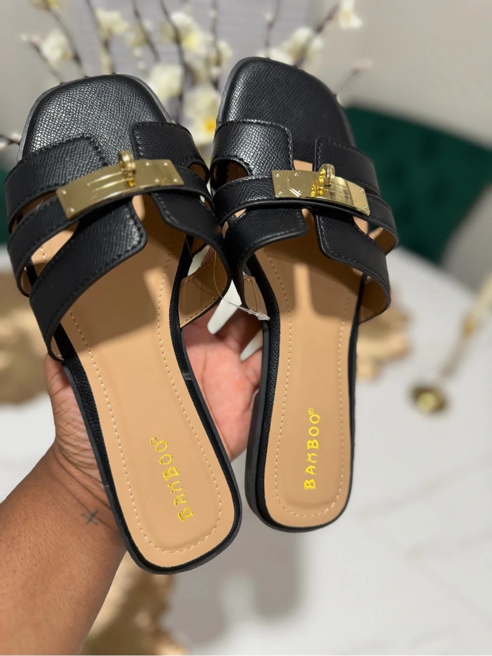 Black Slide Sandals with Gold Accent - Picture 2 of 2